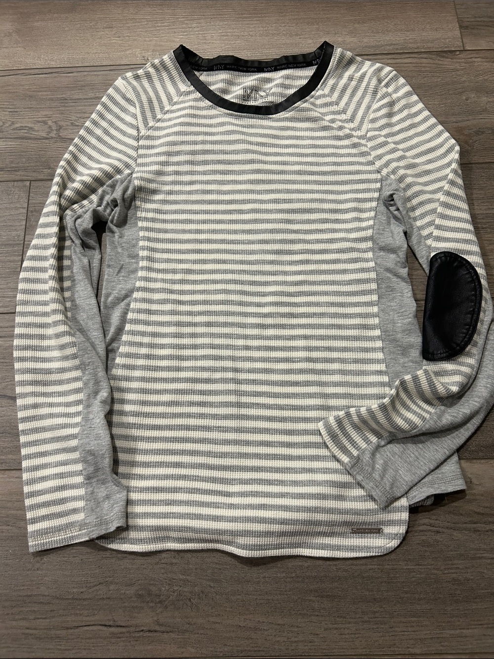 Marc New York Gray & White Striped Long Sleeve Top with Black Elbow Patch